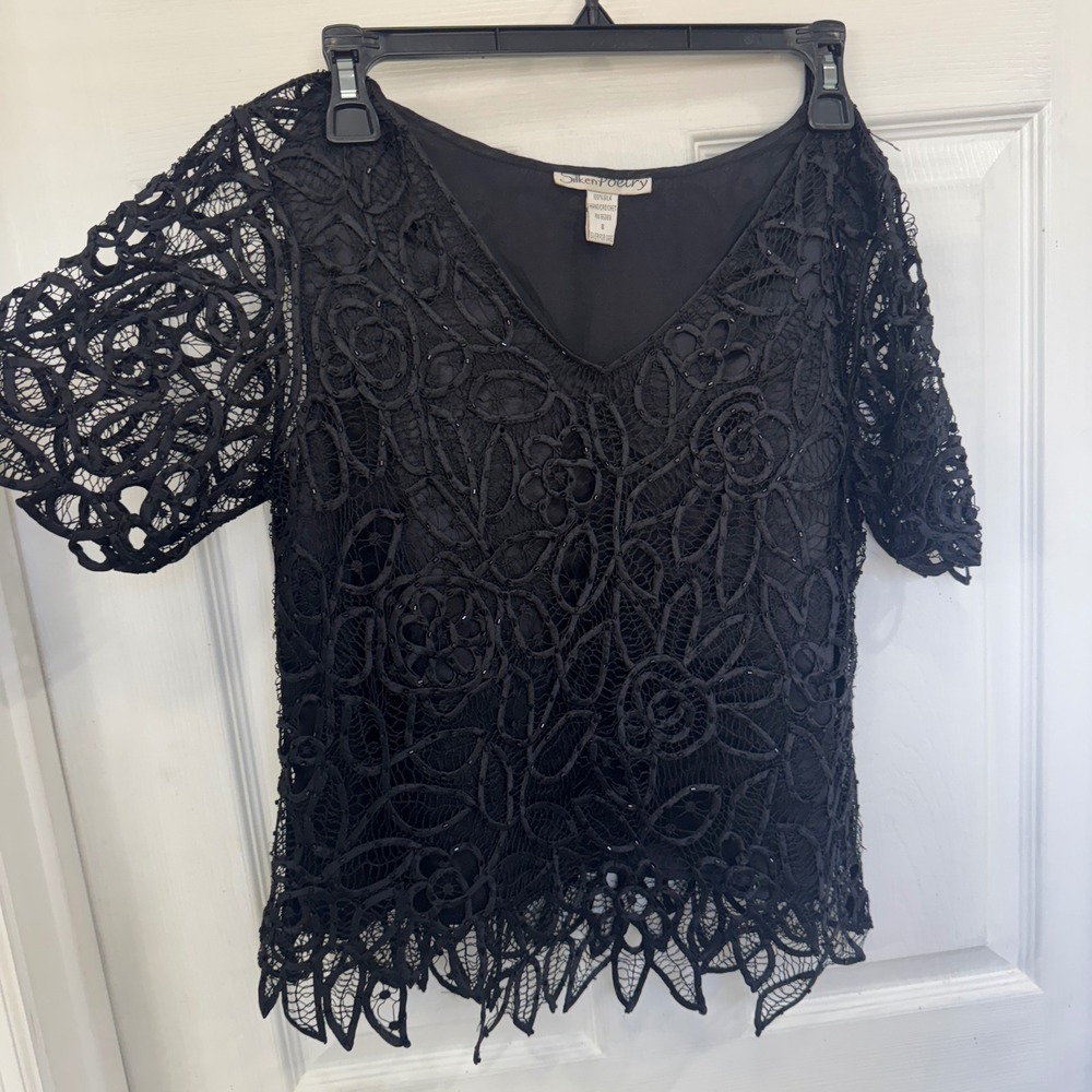 Silken Poetry 100% Silk Hand Crochet Top Womens Small - Picture 2 of 6